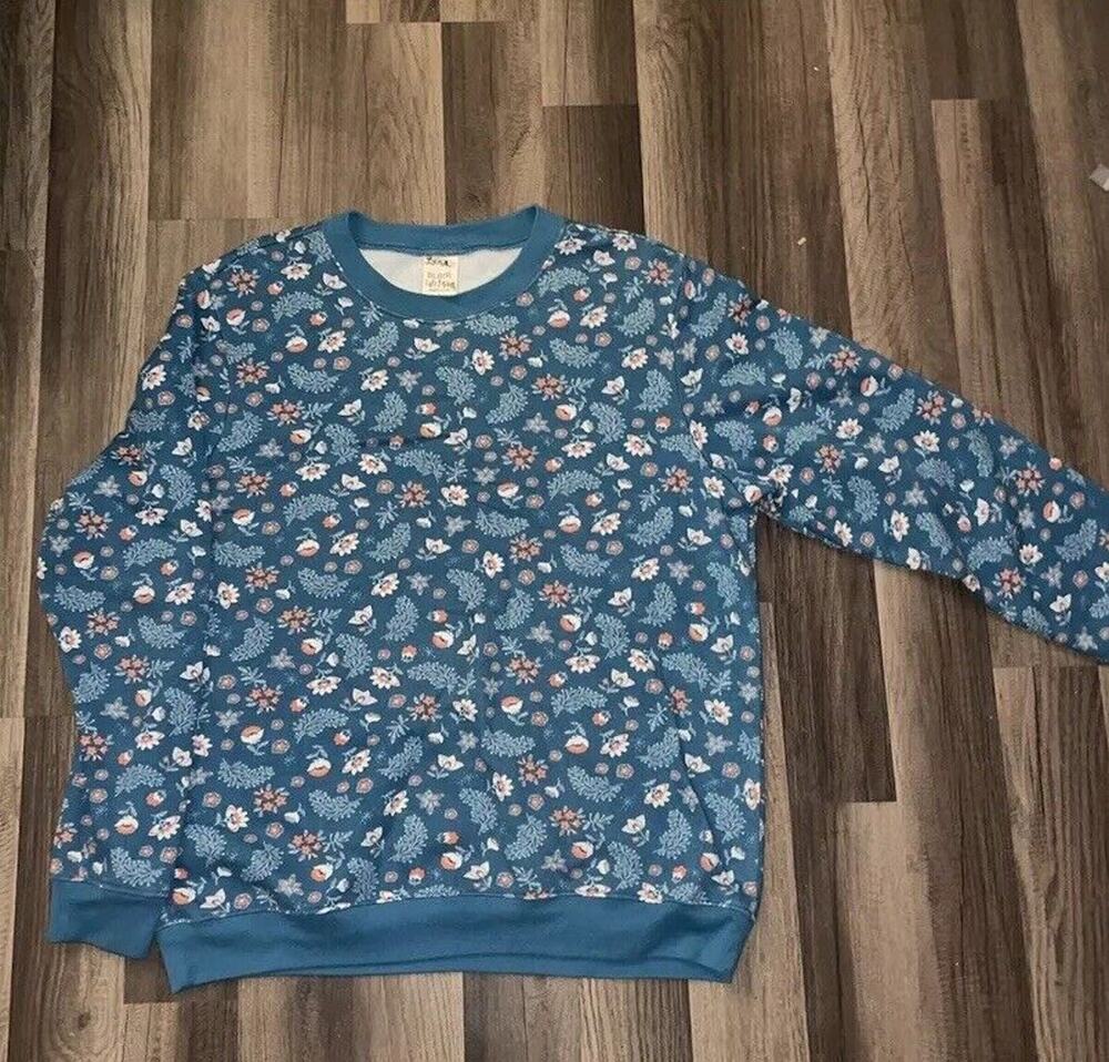 Vintage Floral Crewneck Sweatshirt Turquoise Large Granny Core Jumper